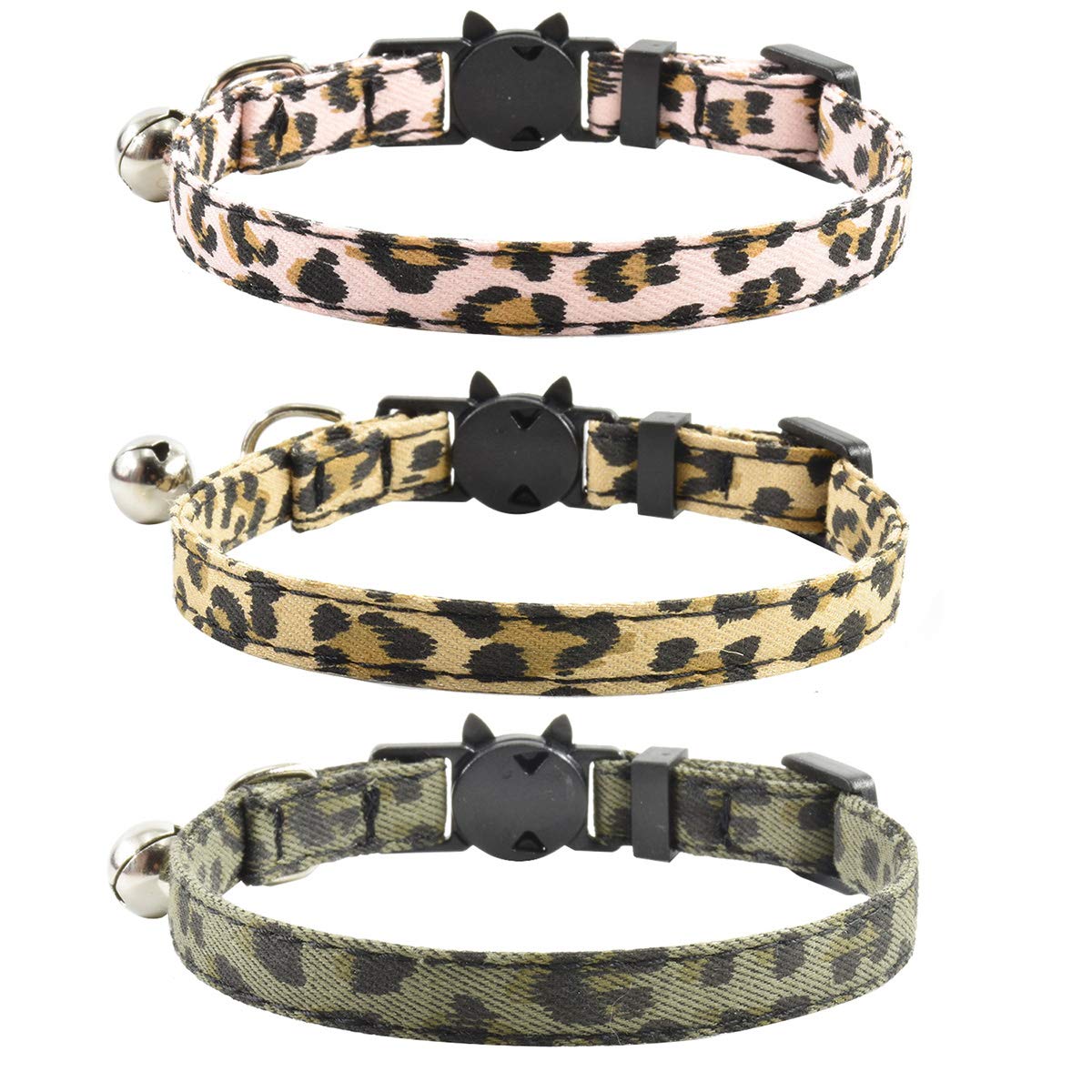 Breakaway Katzenhalsbänder mit Glöckchen, 3 Stück, langlebig und sicher, niedliches Kätzchenhalsband, Sicherheit, verstellbar, Kätzchenhalsband für Katzen, Welpen, 19,1–27,9 cm (Leopardenmuster)
