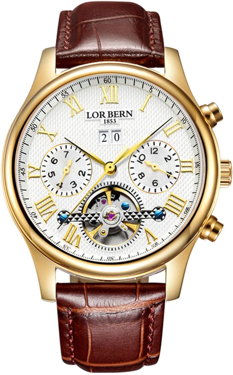 Swiss Brands Men's Automatic Self-Wind Watch Stainless Steel with Brown Genuine Leather Band