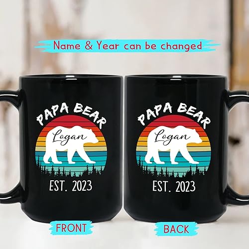 Miniatura 2 de Taza de cerámica negra personalizada con nombre y año para abuelo, regalo para el día del padre, taza de café Papa Bear Est 2023, regalo de nieto