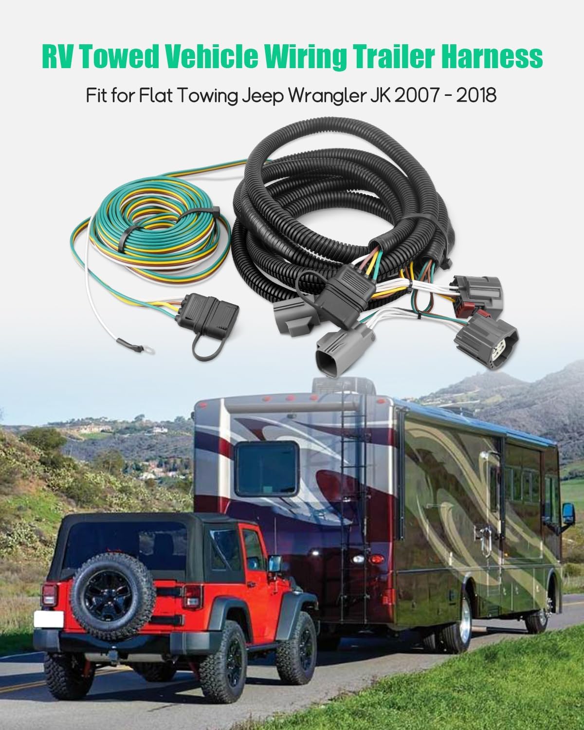 58903 Custom 4 Way RV Towed Vehicle Wiring Trailer Harness Kit, Fit for Flat Towing Jeep Wrangler JK 2007-2018
