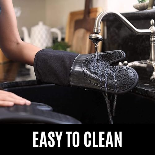 Vista 14 de Guantes de horno de silicona con forro de algodón acolchado – profesional resistente al calor olla de cocina soportes – 1 par, Negro