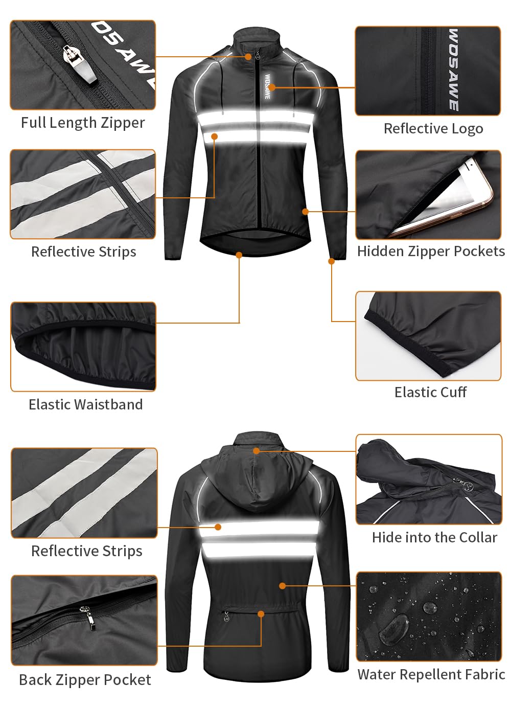 WOSAWE Chaleco de ciclismo para hombre ligero impermeable moto viento abrigo reflectante correr montañismo ropa deportiva