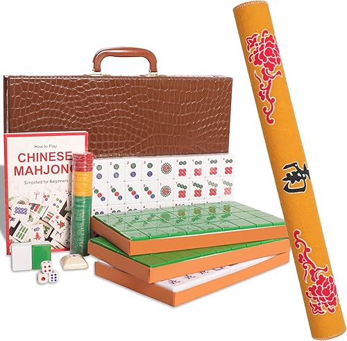 Juego de mahjong chino, con 144 azulejos verdes de melamina numerados XL (1.5 pulgadas), 2 azulejos de repuesto, 6 dados y un indicador de viento,