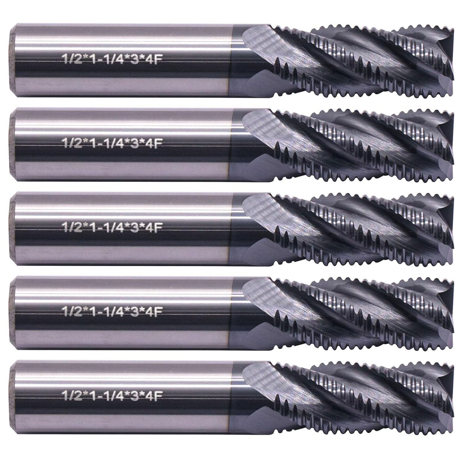 BestParts 5Pcs 1/2" Solid Carbide Roughing End Mills, ALCrSiN Nano Coated, 4 Flute, 35 Degree Helix, 1/2" Cutting Diameter, 1/2 inch Shank Diameter, 1-1/4" Length of Cut, 3" Overall Length