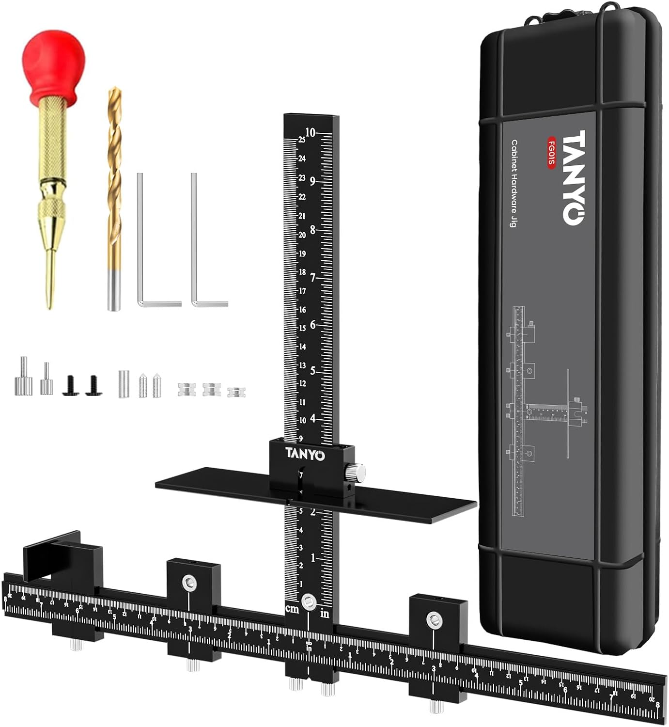 TANYO Cabinet Hardware Jig, Adjustable Cabinet Handle Jig with Center Punch, All Aluminum Cabinet Handle Template Tool, Most Accurate Cabinet Jig for Handles and Pulls on Drawers Cabinets