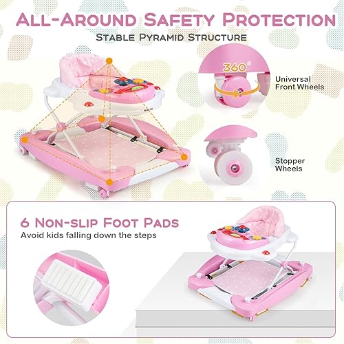 Miniatura 4 de BABY JOY Andador de bebé 6 en 1, andador de bebé con ruedas, altura ajustable, música, luces, modo balancín, caminador de actividad para bebés,