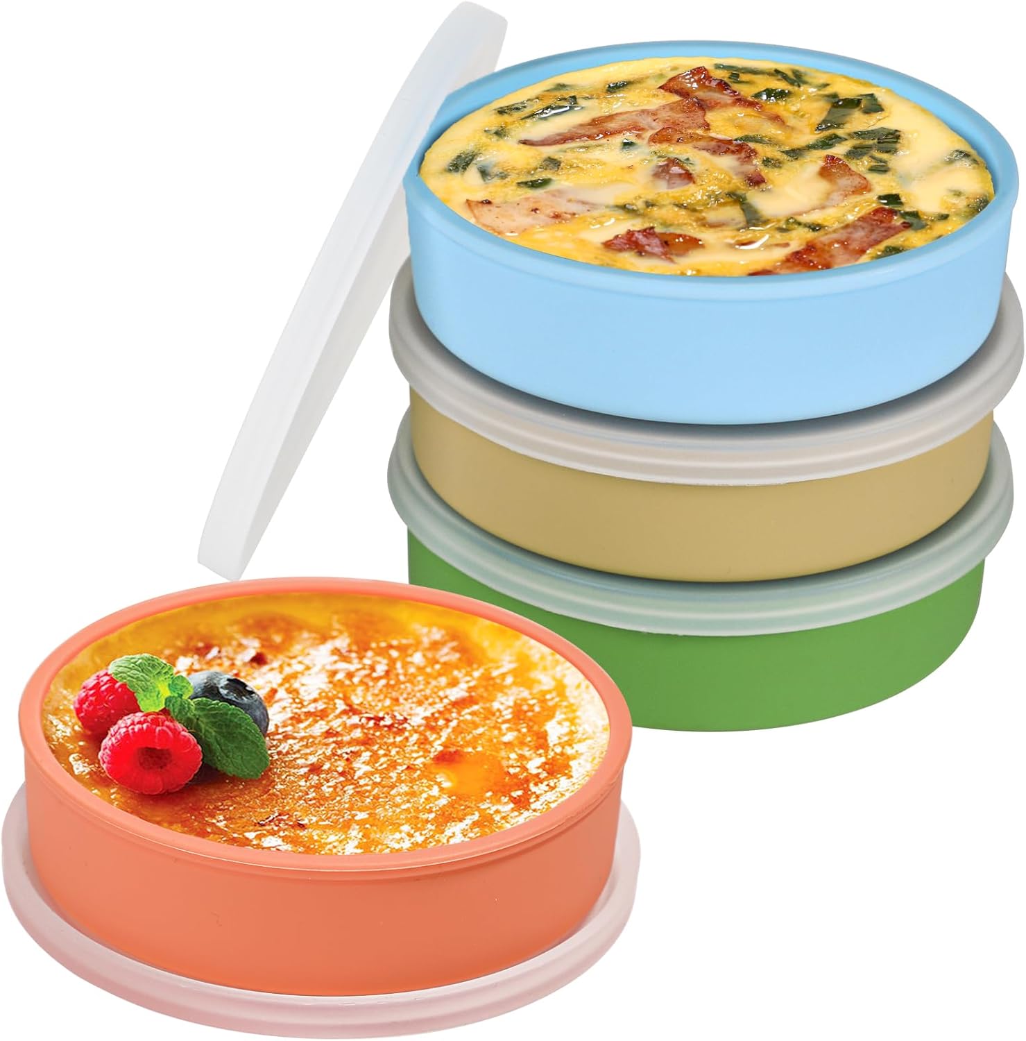Webake 4 Inch Silicone Air Fryer Egg Molds with Lids, 4 oz Creme Brulee Dishes Shallow Ramekins, Food Storage, Microwave Egg Poacher, Set of 4