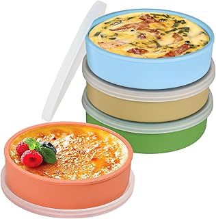 Webake 4 Inch Silicone Air Fryer Egg Molds with Lids, 4 oz Creme Brulee Dishes Shallow Ramekins, Food Storage, Microwave Egg Poacher, Set of 4