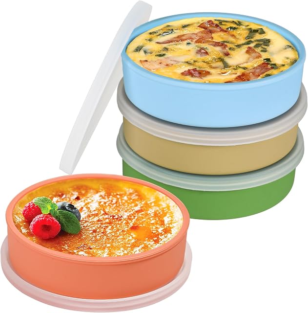 Webake 4 Inch Silicone Air Fryer Egg Molds with Lids, 4 oz Creme Brulee Dishes Shallow Ramekins, Food Storage, Microwave Egg Poacher, Set of 4