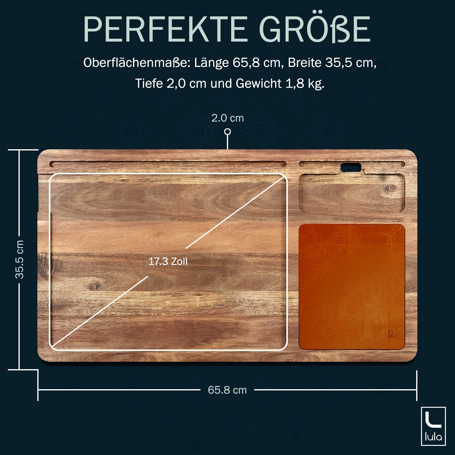 lula Tappetino per laptop in legno di acacia – con grande tappetino per mouse in pelle e pratico supporto per notebook, tablet e telefono; tavolo portatile per laptop in casa o come tavolo da letto a