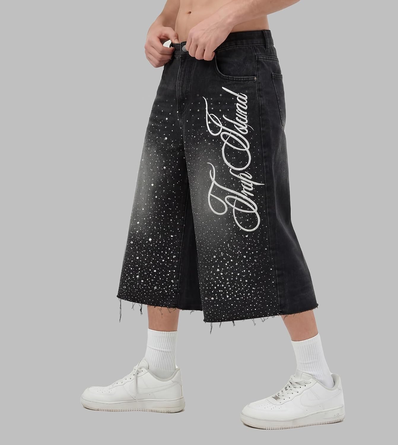 Capri Jeans Shorts Men, Y2k Baggy Rhinestone Jean Jorts, Mens Denim Shorts Loose Fit Streetwear