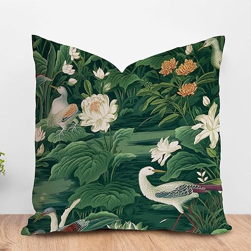 ArogGeld Funda de cojín de jardín de pájaros de loto verde, chinoiserie, lirio de agua, ninfaea, floral, cuadradas, chinoiserie, almohada asiática