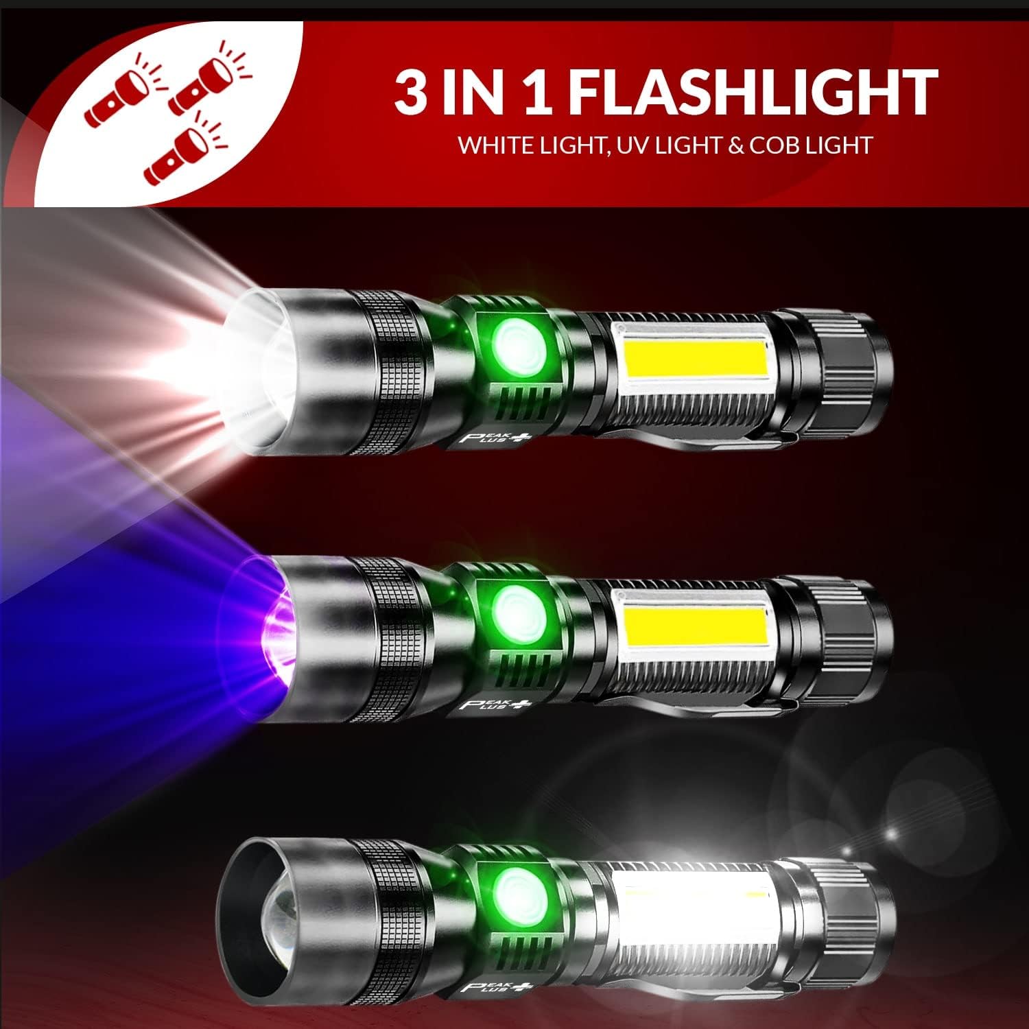 Rechargeable Flashlights UFX1000 [2 Pack] 3-In-1 UV Blacklight Flashlight, COB - 7 Light Modes Waterproof Magnetic High Lumens Clip-On - UV Light For Pet Urine Detection, Camping, Emergencies