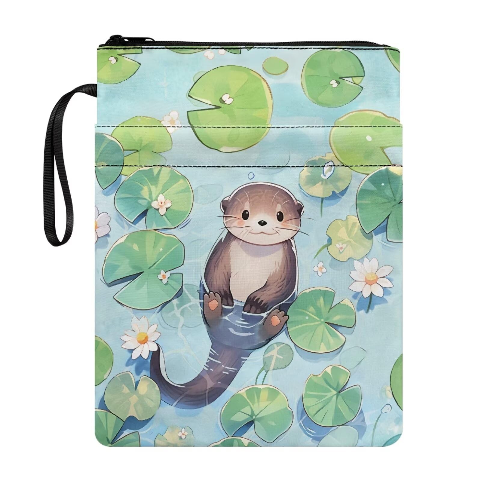 Wanyint Book Sleeve Washable Fabric Book Cover with Zipper for Reader Multifunctional Book Protector 11.4 x 8.7 Inch, Otter Lotus Leaf
