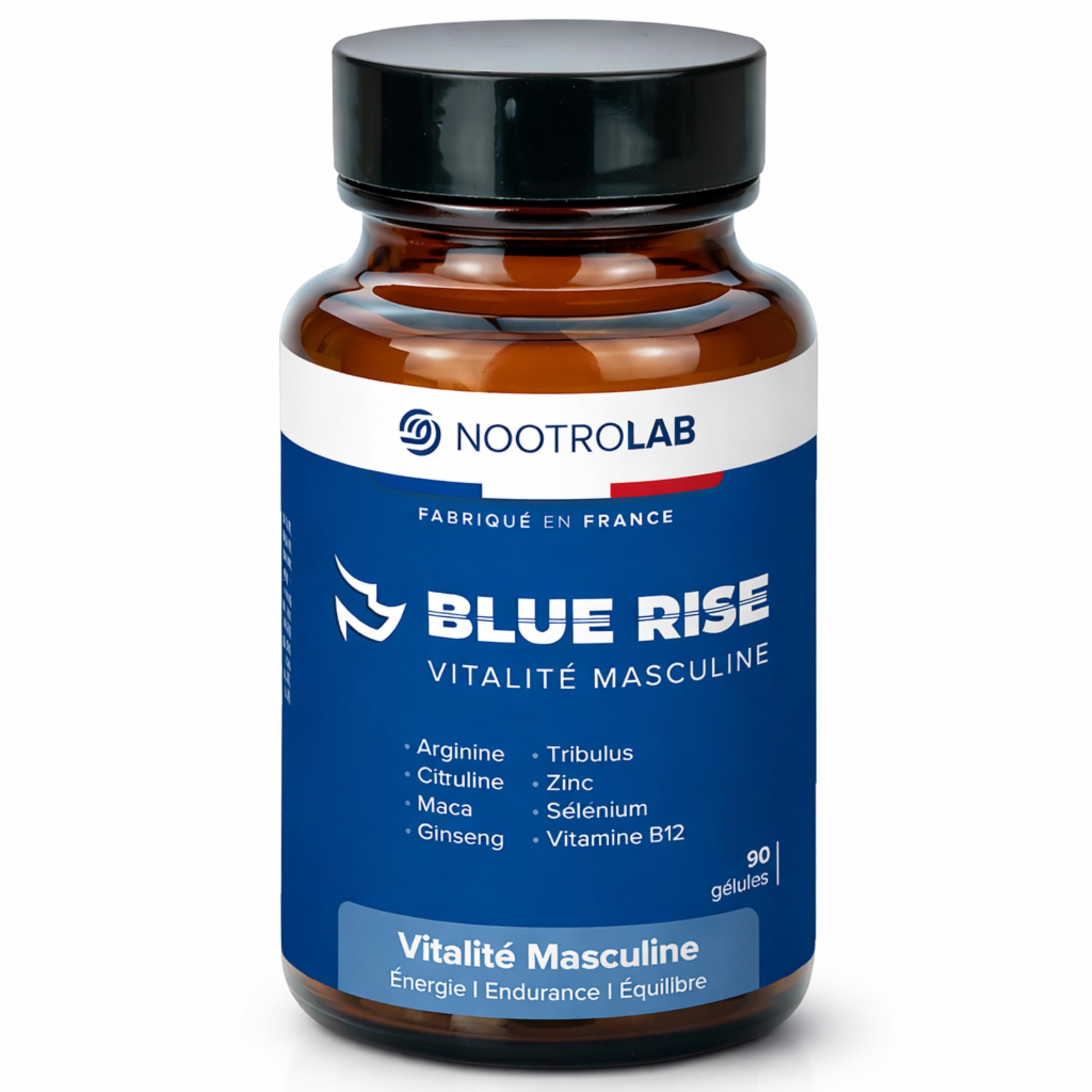 Blue Rise Nootrolab – Vitalité Masculine & Libido – Maca, Ginseng, Tribulus, Arginine, Citrulline – Zinc, Sélénium, Vitamine B12 – Énergie, Endurance, Testostérone – 90 Gélules – Fabriqué en France
