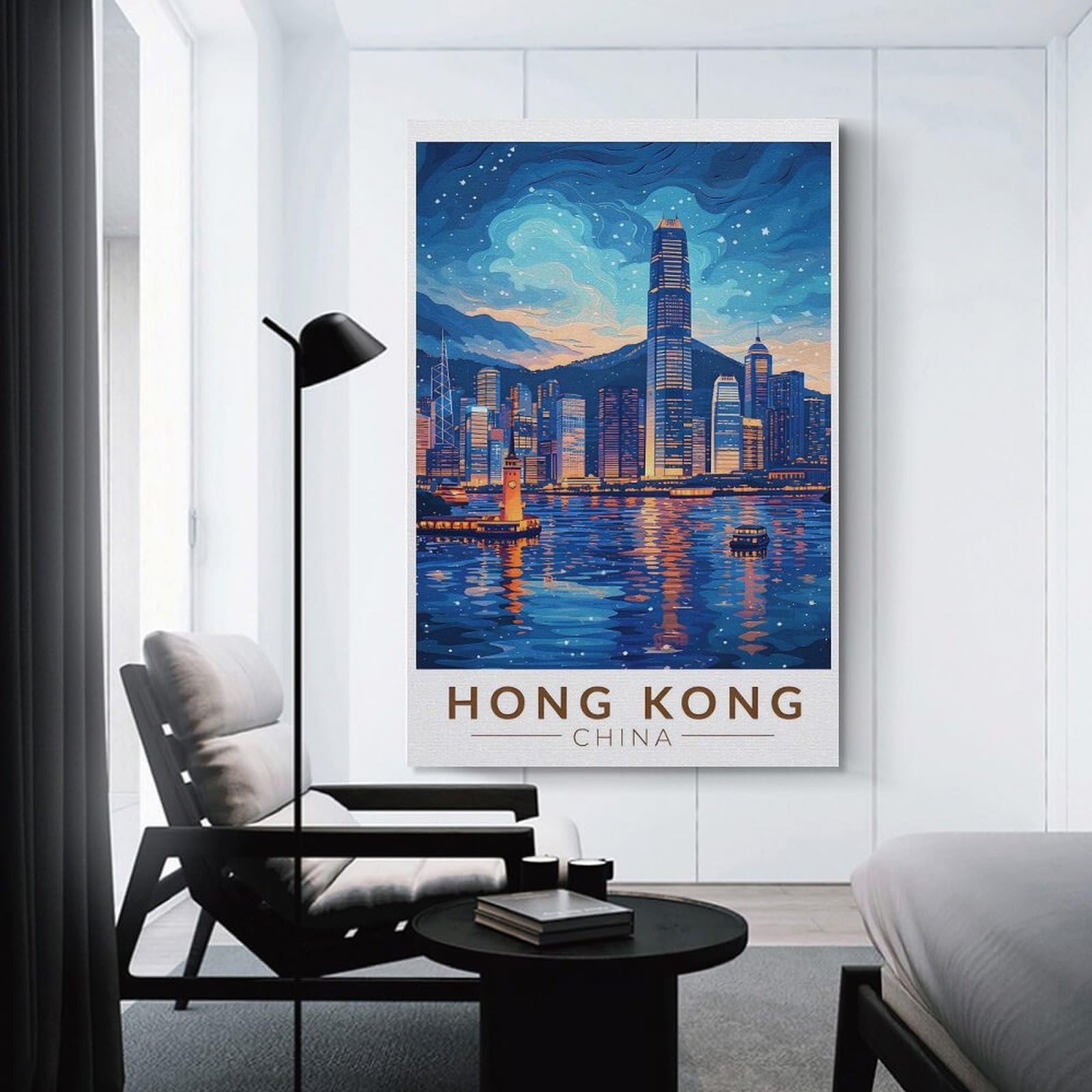 Junmoney Wall Picture Print Hong Kong Skyline at Night, 20x30inch(50x75cm), for Lounge, Bedroom Or Personal Spaces, Canvas Artwork with Gifting Potential