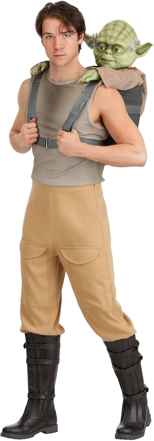 Mens Deluxe Star Wars Luke Skywalker Costume with Yoda Backpack, Shirt & Pants | Galaxy Training Wizard Halloween Outfit