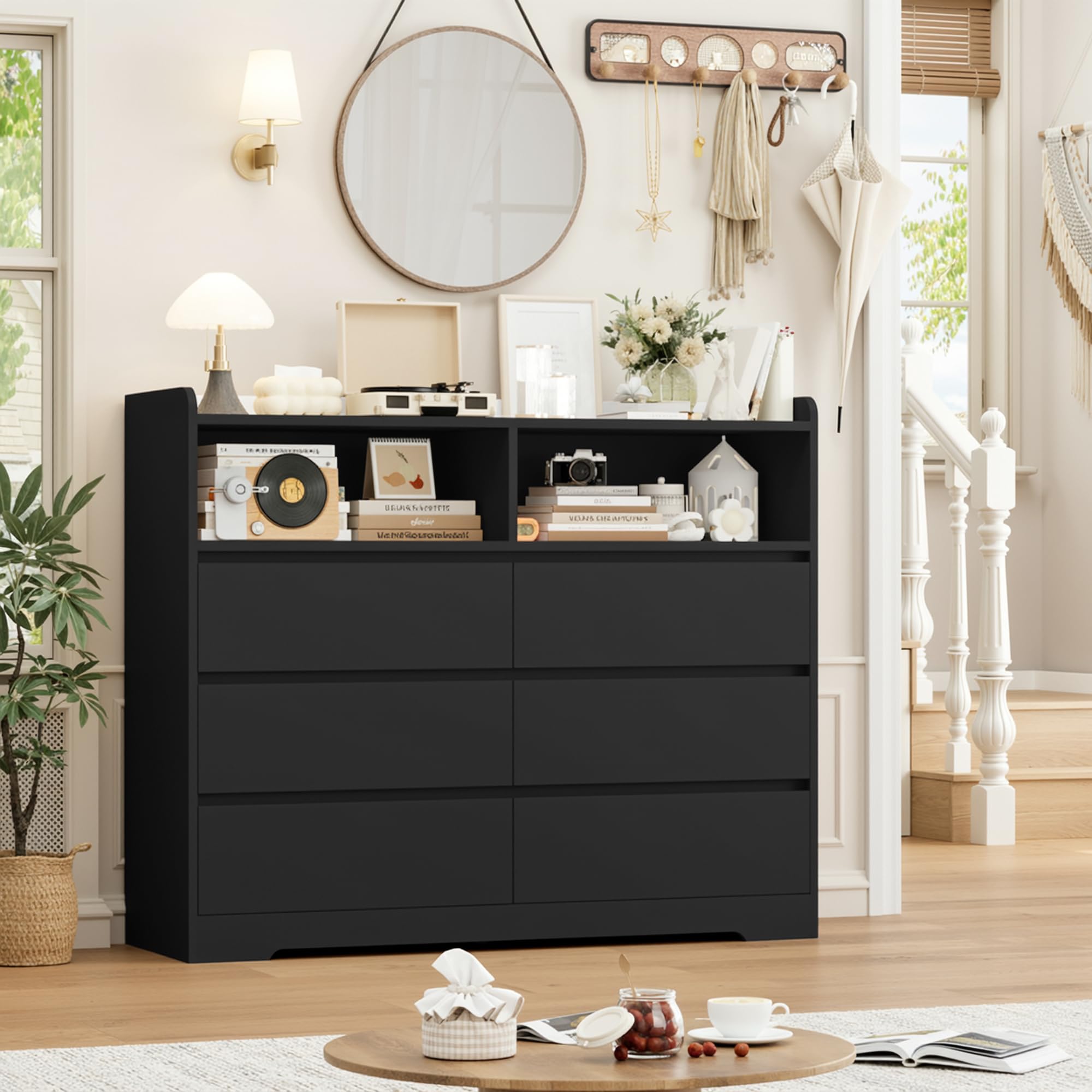 FOREHILL Cassettiera Camera da letto, Cassettiera con 6 Cassetti, Comò con 2 Scomparti Aperti Moderno, per Camera da Letto, Corridoio, Soggiorno, Ufficio, 120x40x100cm (Nero)