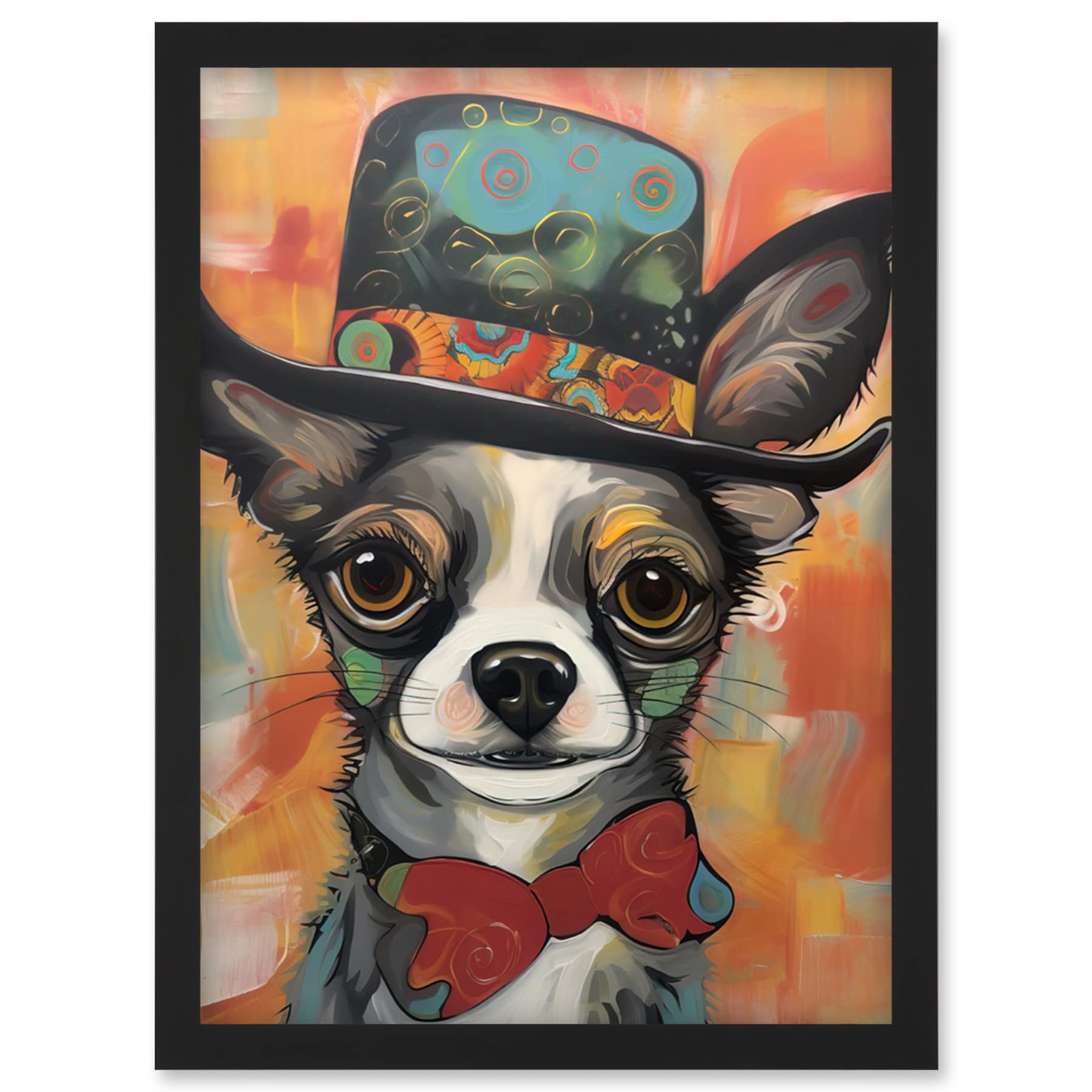 A4 Framed Chihuahua Dog Top Hat & Bowtie Modern Folk Art Print - Artery8