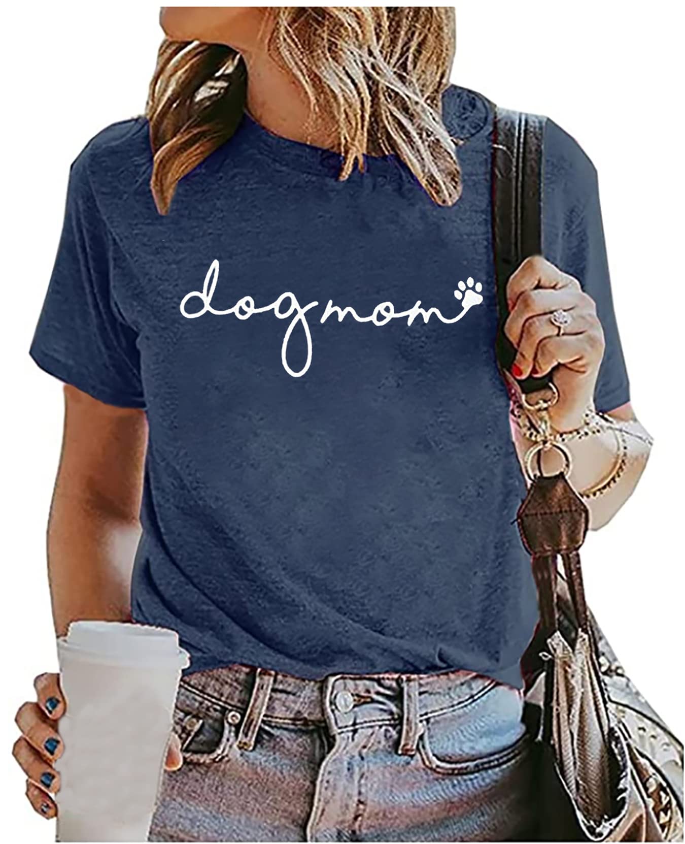 Dog Mom T-Shirt Women Funny Mama O-Neck Graphic Tees Casual Loose Short Sleeve Tops Dog Lover Gift Blouse