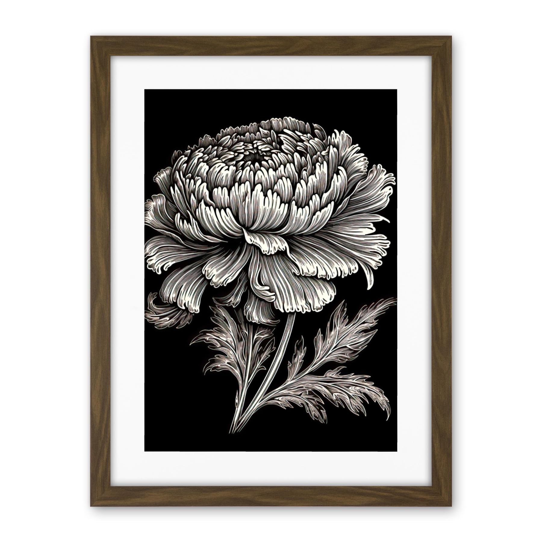 Artery8 A Single Marigold Flower Black and White Linocut Artwork Framed Wall Art Print 18X24 Inch