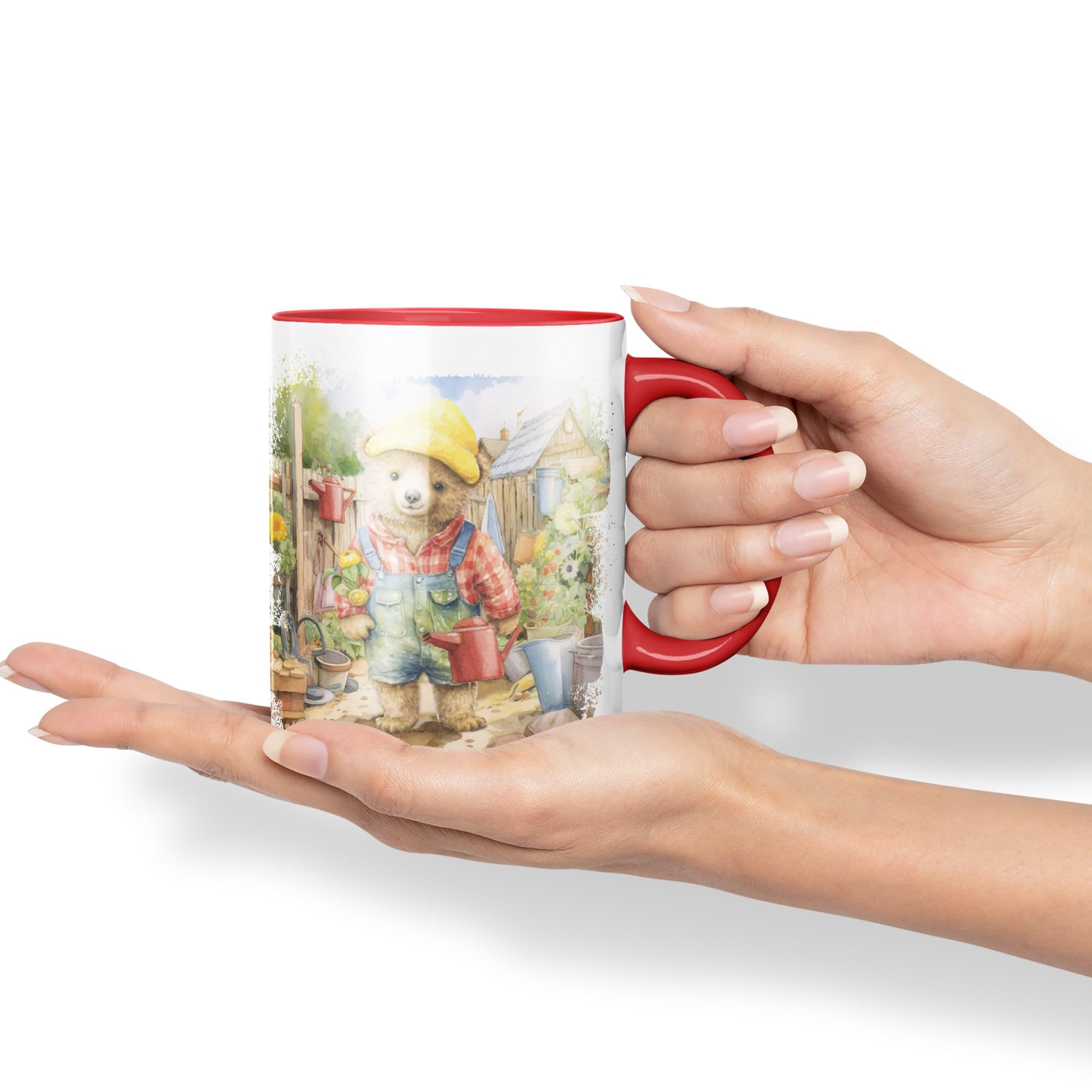 Vixar Tazza in ceramica colorata con orsacchiotto giardiniere, idea regalo per compleanno, lavoro, ufficio, tè, caffè (rosso