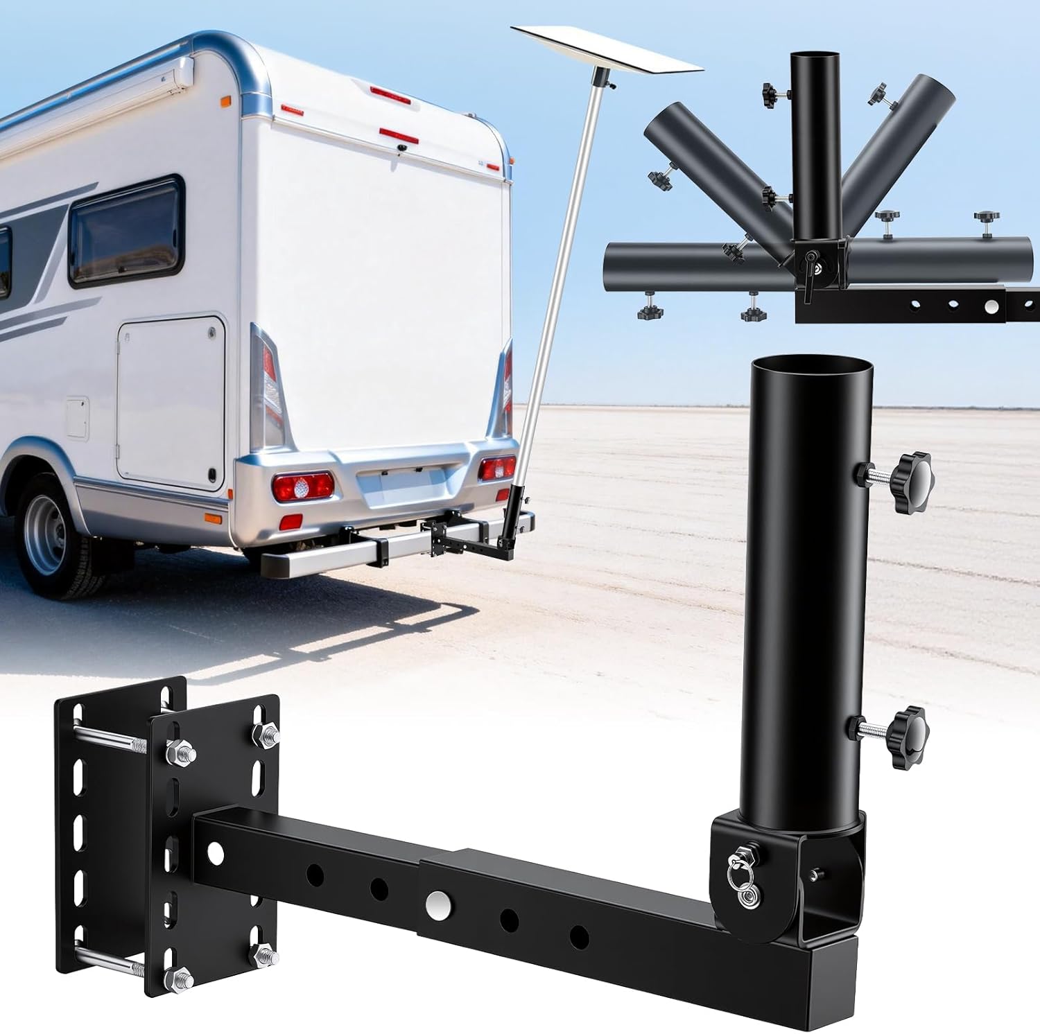 RV Flag Pole Mount, Heavy Duty 180° Adjustable Folding RV Starlink Holder Bracket for 2" Receiver, Trailer Bumper, Hitch, A-Frame, Tongue 5IN1 - Stable Internet & Flag Display for Camping