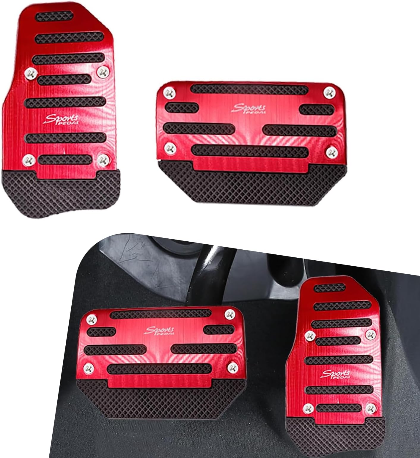 2 PCS Car Accelerator Brake Pedal Kit, Metal Rubber Sports Style Non-Slip Wear-Resistant Pedal Modification Pedal, Car Replacement Parts, for Most Automatic Transmission Vehicles (Red)