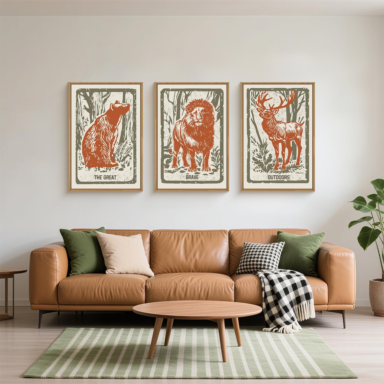 HPNIUB Jungle Vintage Wildlife Framed Wall Art Set,Modern Forest Animals Deer Bear Lion Wall Decor,Boho Inspirational Quote GREAT BRAVE OUTDOORS Poster Artwork for Kids Bedroom,Office-16''x24''x3 Cartoon Forest Animals Wall Art 16"L x 24"W