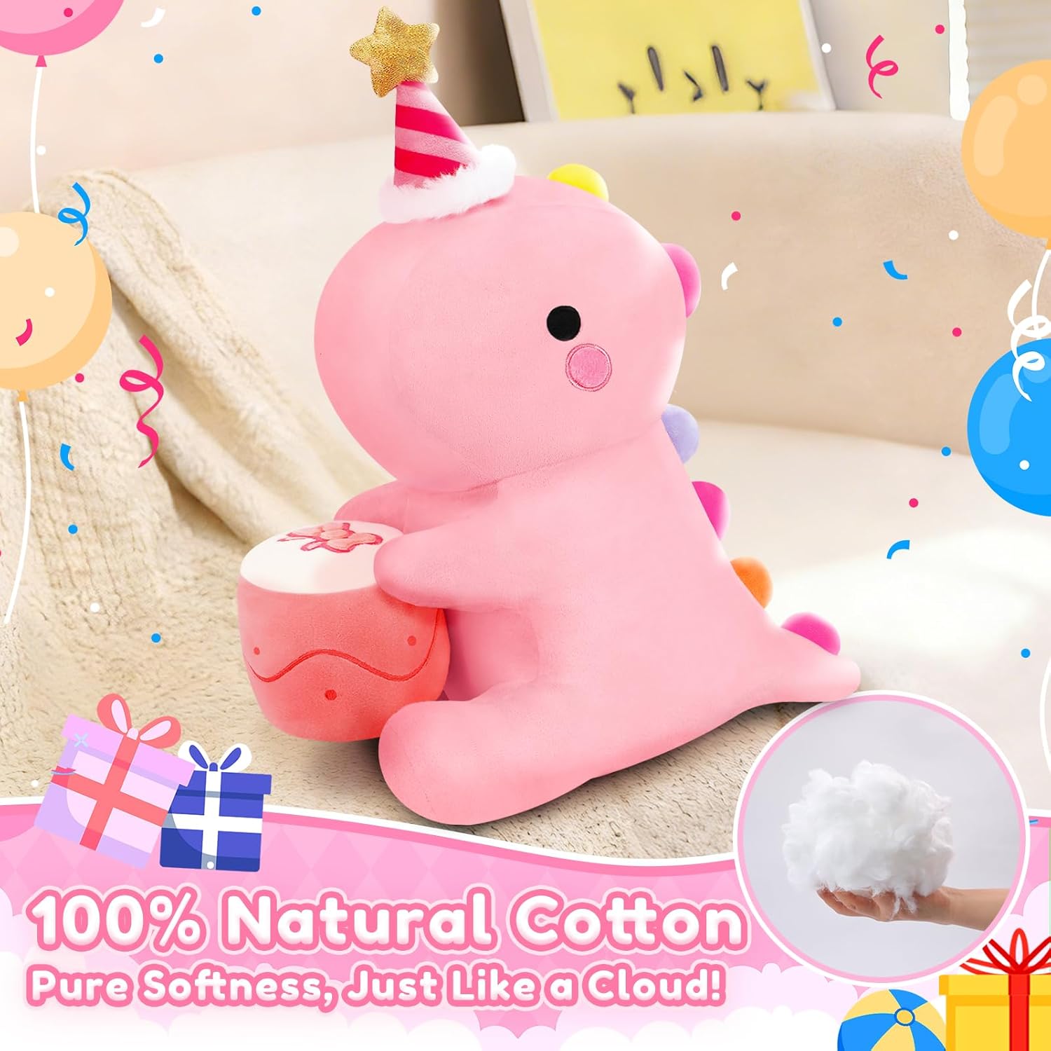 SQEQE Dinosaur Stuffed Animal, Cute Dinosaur Plush Toys with Cake, Dino Plushies Anniversary Birthday Gift for Her Girls Boys Boyfriend Girlfriend(Pink,12 inch)