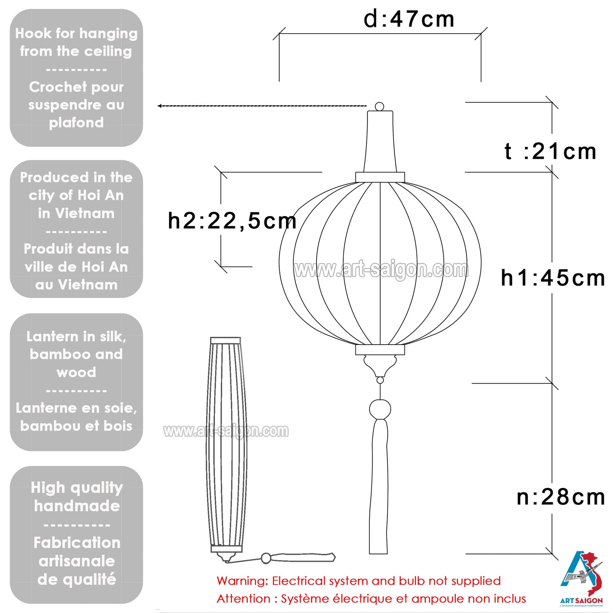 Linterna Asiática de Seda Blanco R - Diámetro Ø47cm - Farolillo Hoi An en Tela, Bambú y Madera - Artesanía Vietnamita y Decoración Asiática (Ref. R40-B)