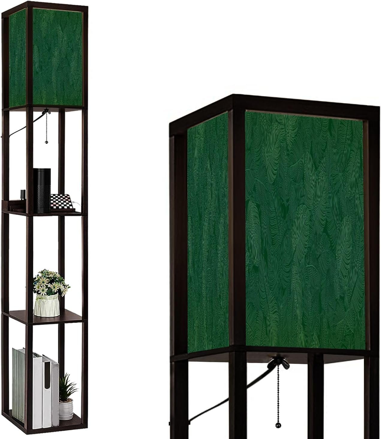 Floor Lamp with Shelves Luxury Nature Green Floral Pattern Tropical Plant line Arts Standing Tall Lamp USB Ports & Power Outlet Modern Corner Lamp Nightstand Light for Living Room Bedroom
