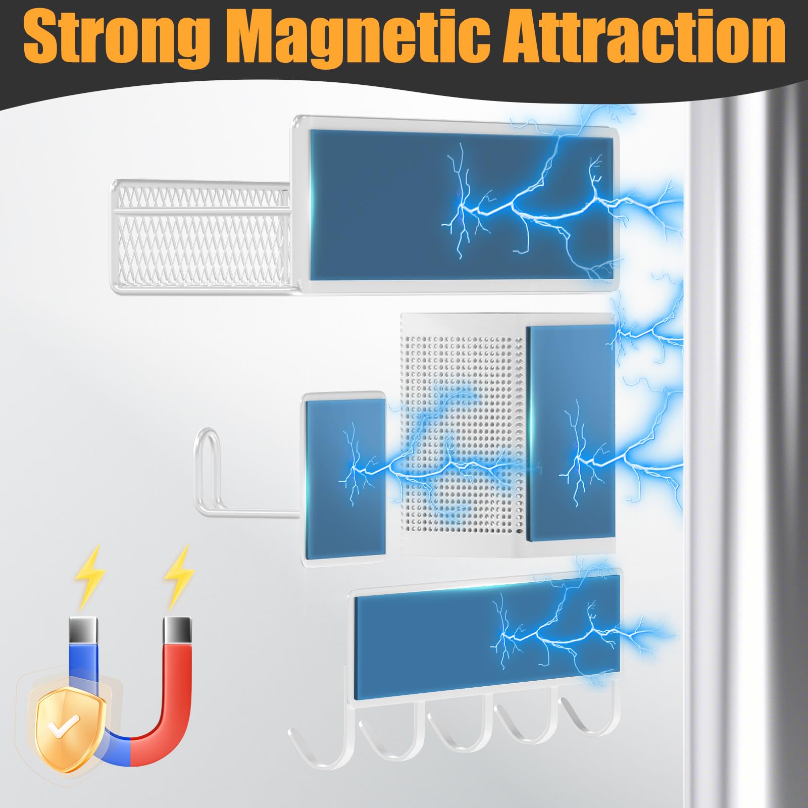 DTUQYX Magnetisches Gewürzregal für Kühlschrank, 10 Stück, Metall, magnetisches Regal, beweglicher Gewürz-Organizer mit Hakenleiste, Papierhandtuchhalter, Küchenutensilienhalter, starke magnetische
