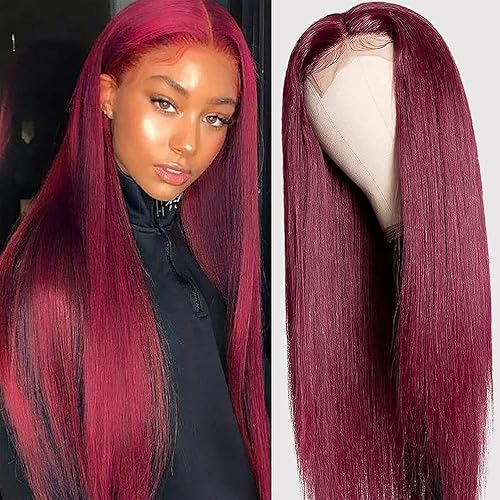 Dixtefo 99j Burgundy Lace Front Wigs Human Hair Pre Plucked Straight 99j Human Hair Wig with Baby Hair 20 Inch 4x1 Burgundy Wig Human Hair for Black Women 150% Density