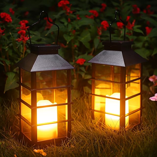 2 Pack Christmas Solar Lantern,Outdoor Garden Hanging Lantern-Waterproof LED Decorative Plastic Flickering Flameless Candle Mission Lights for Christmas, Table, Outdoor, Party (Black)