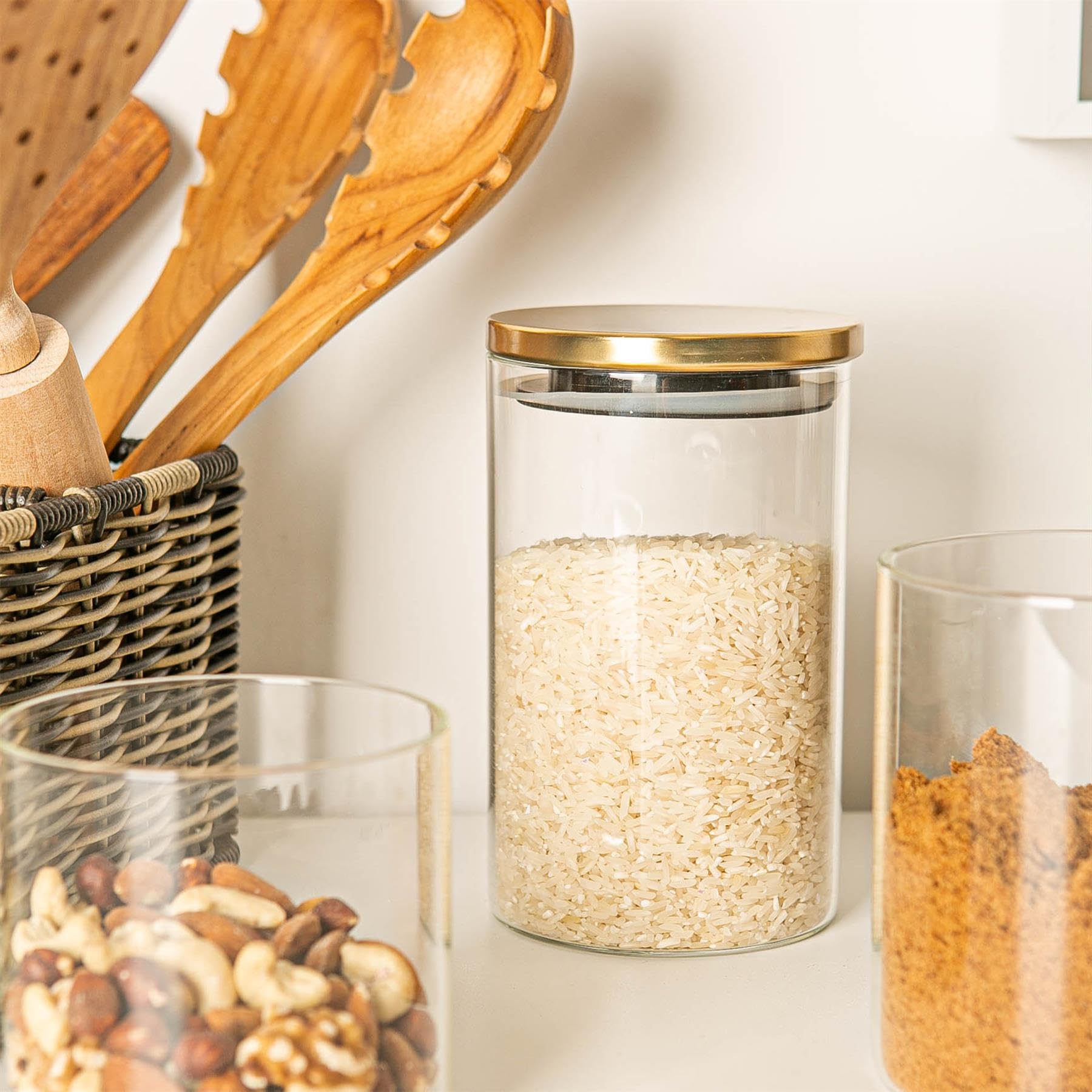 Argon Tableware Verre de Stockage Jars avec Couvercle métallique - Moderne Cuisine contemporaine de Stockage des Aliments Canister - Joint en Silicone - 1 Litre - Or - Lot de 6