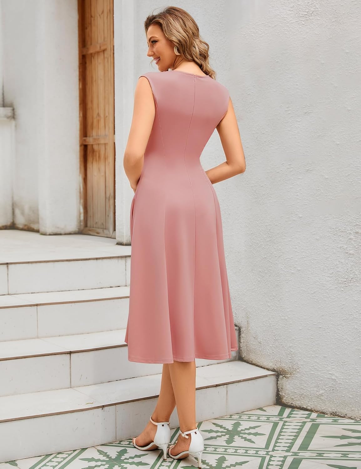 Dressystar Women's Midi Formal Wedding Guest Dress 2026 Sleeveless Ruched Flowy A Line Swing Cocktail Evening Party Dresses - Image 3