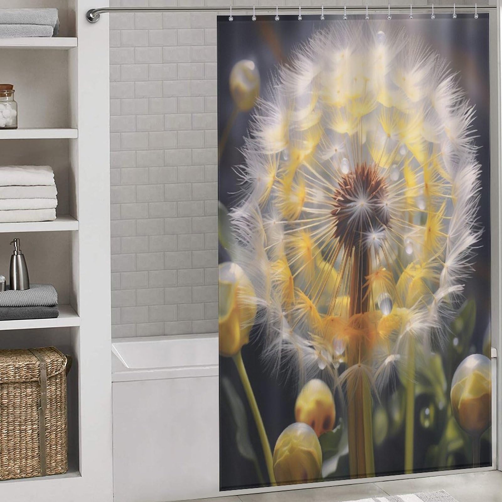Rideau de douche motif pissenlit pour baignoire familiale lavable et étanche en tissu 140x183cm