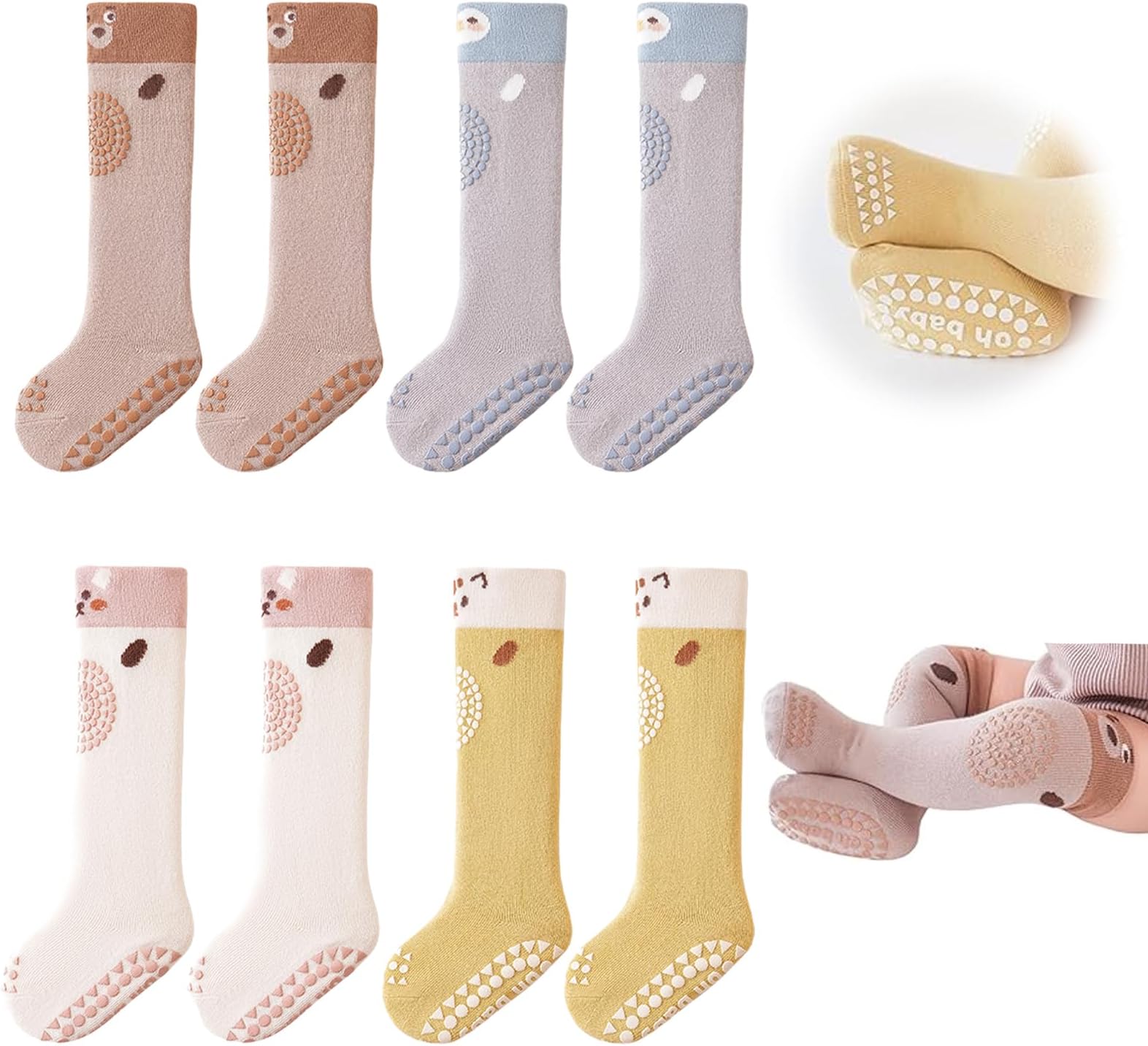 tewiaii4 Pairs Knee High Toddler Grip Socks Non Slip Baby Crawling Socks Anti Skid Crawling Newborn Socks for Boy Girl Infant