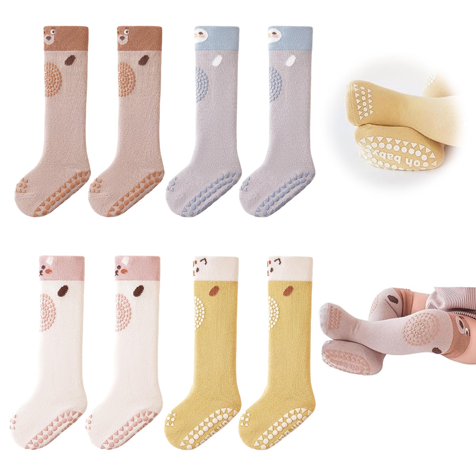 tewiaii4 Pairs Knee High Toddler Grip Socks Non Slip Baby Crawling Socks Anti Skid Crawling Newborn Socks for Boy Girl Infant