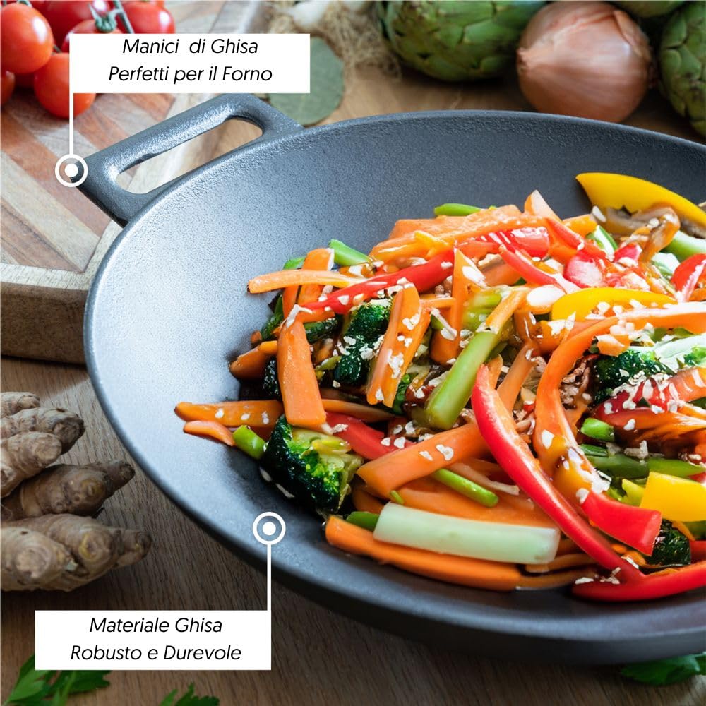 Wok Antiadherente in Ghisa Smaltato Nero 31 cm. Padella Wok Cucina Orientale. Idonea per Piani Cottura a Induzione Elettrico Gas e Forno