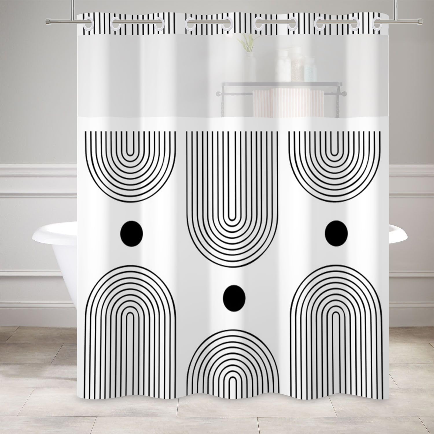 No Hook Shower Curtain with Snap in Liner Set Boho Shower Curtain Mid Century Modern Black and White Abstract Arch Fabric for Bathroom 71x74 Inch