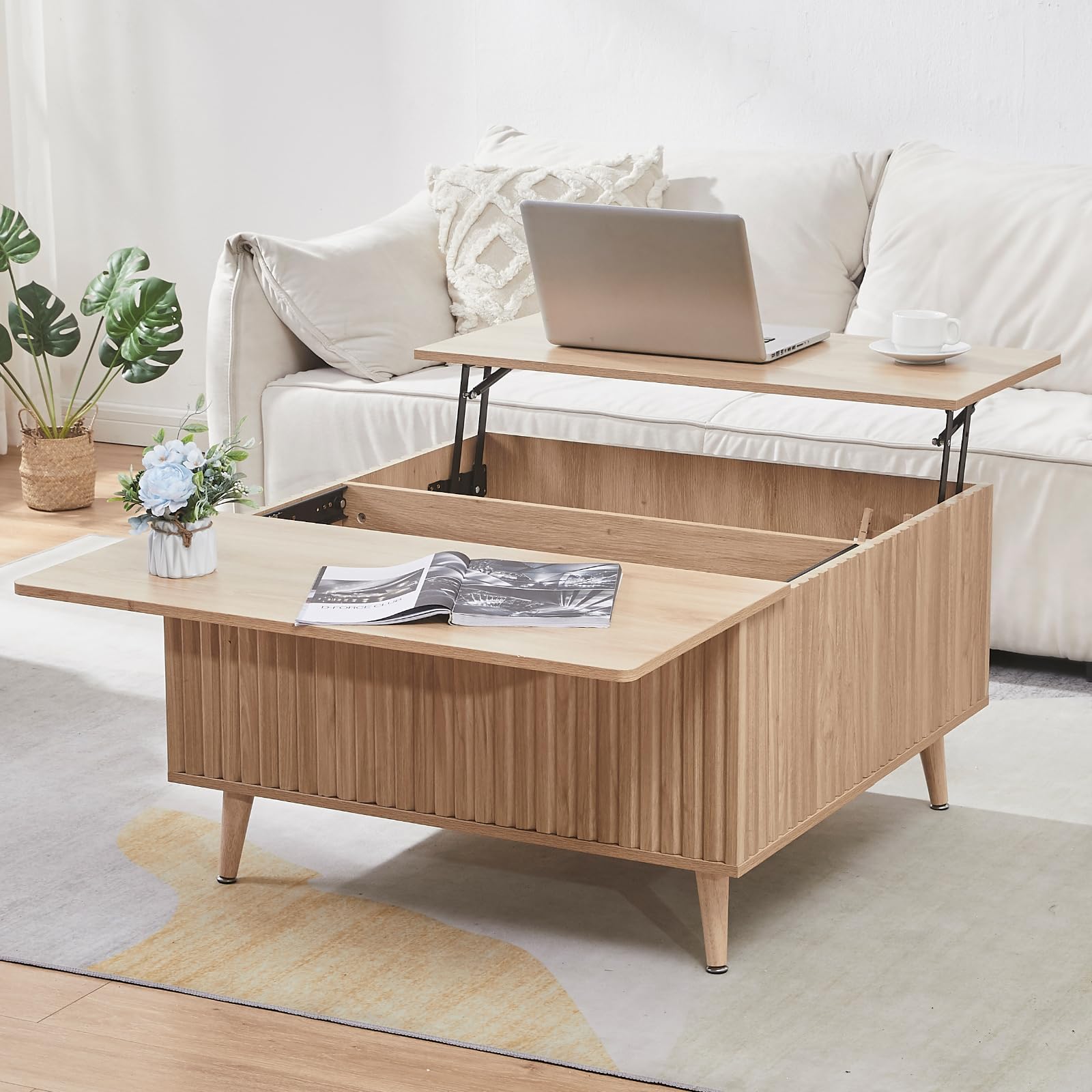 square coffee table for living room, lift top coffee table with storage, fluted coffee tables with lifting top, mid century modern center tea table for home office, studio, natural oak