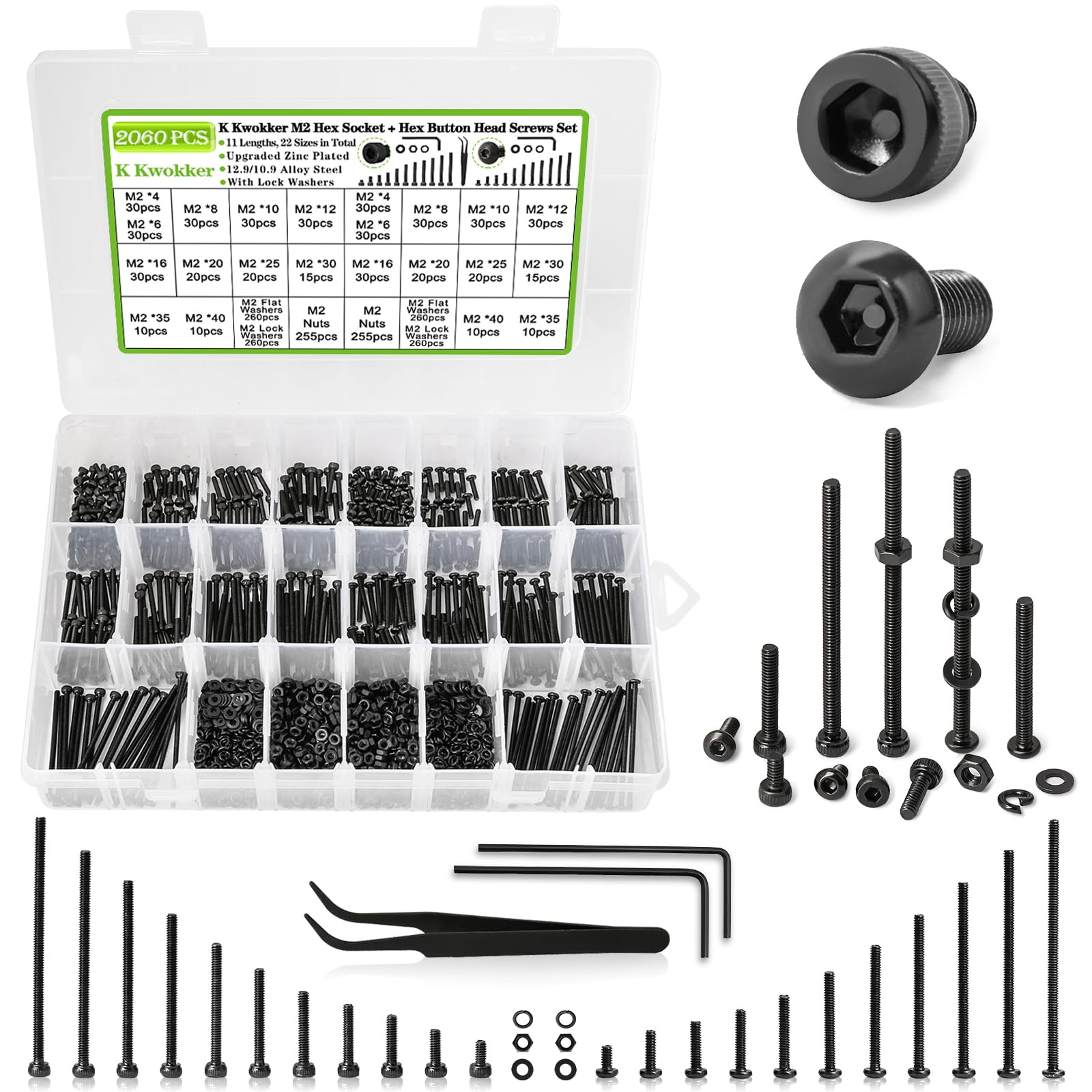 K Kwokker 2060 x M2 Screw Kit 4MM to 40MM, M2 Socket Head Screws & Button Head Screws, Upgraded Zinc Plated Screws Assortment Kit w/Nuts and Bolts,