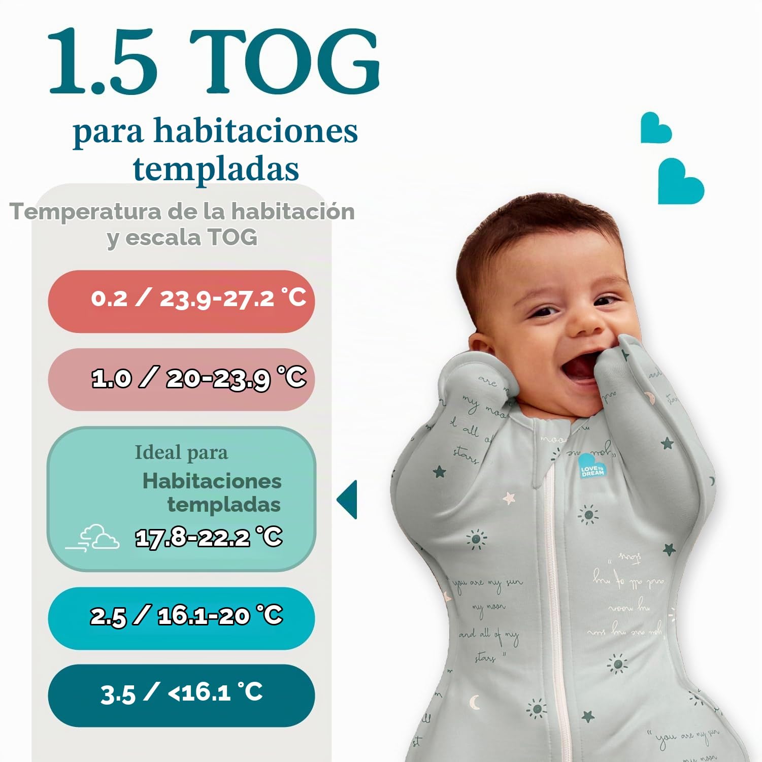 Love To Dream Swaddle Up, saco de envolver para bebé recién nacido, 1,5 tog, forro polar de algodón elástico suave en ramitas de avena, diseño de brazos para un sueño más seguro y mejor, mediano (6