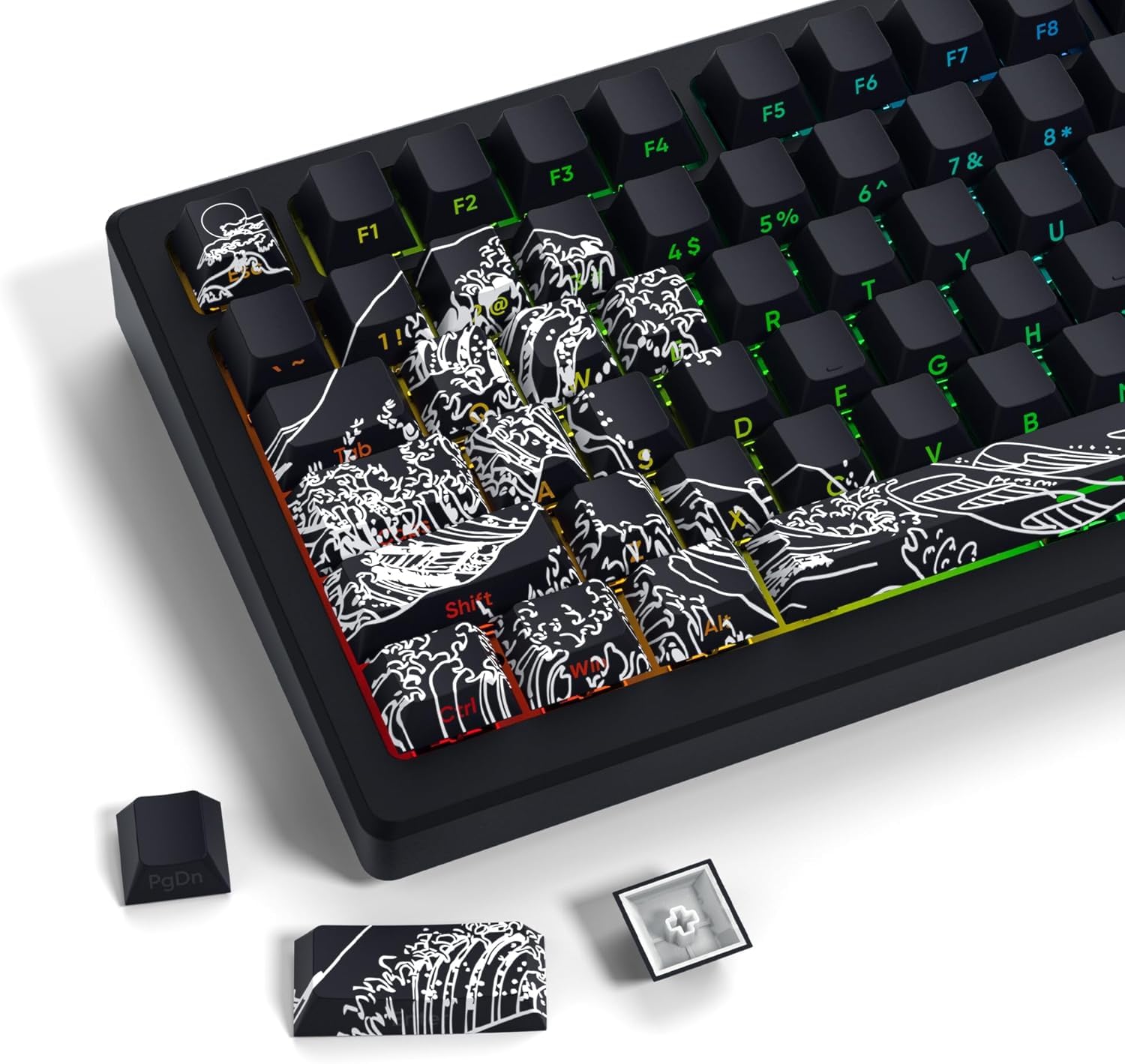 Catekro Shine Through Keycaps PBT Dye Sub Keycap Set, Side Print Keycaps, 131 Touches Cherry Profile Custom Keycaps, Wave of Kanagawa Double Shot Key Caps pour Claviers Mécaniques