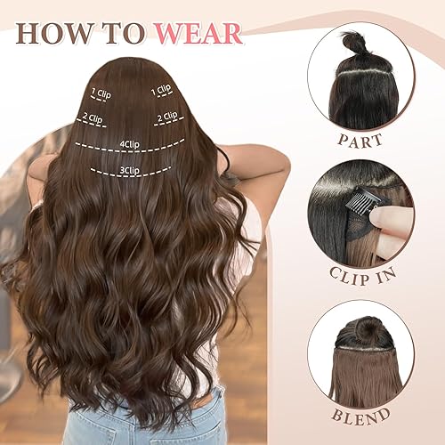 Miniatura 43 de Synthetic Clip in Hair Extensions, 6PCS Natural &Soft Hair& Blends Well Lonng Wavy Hairpieces(20inch,6pcs, Black with Brown Highlights)