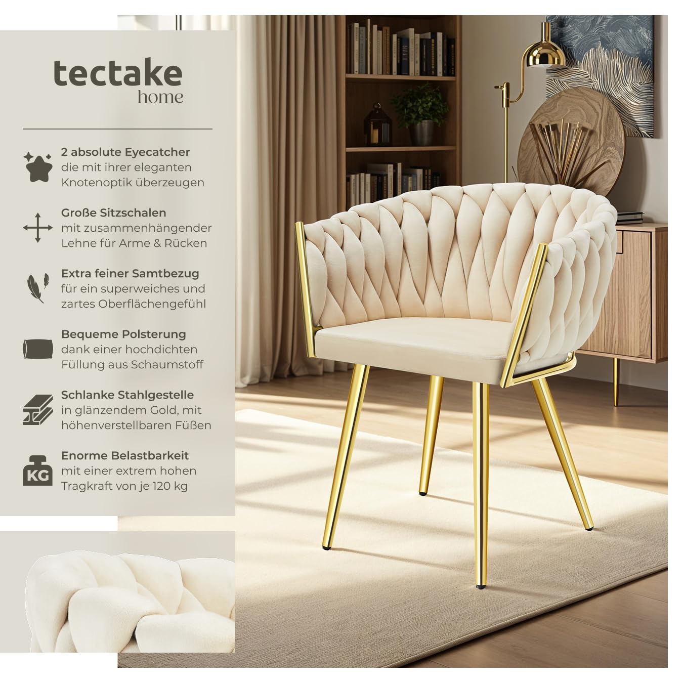 tectake® Samt Stuhl, Schalenstuhl mit Armlehne in Knoten Optik, Esszimmerstühle, Sessel modern für Wohnzimmer, Esszimmer, als Küchenstühle, für Schminktisch, Dining Chair Set - Sand/Gold, 2er Set
