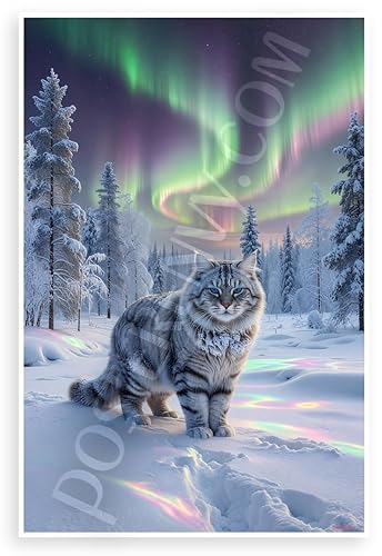 Siberian Cat Guardian Under Aurora Borealis Wilderness 12x18 US Made