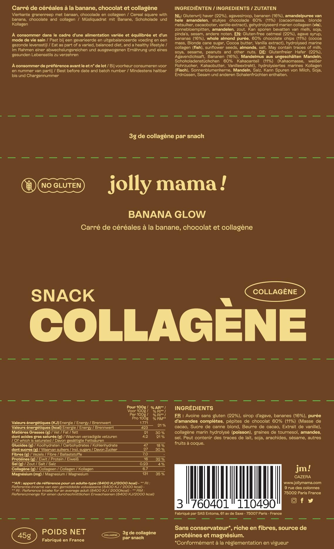 Jolly mama! Lot de 12 Barres Protéinées Collagène Banana Glow | Céréales, Banane, Pépites de Chocolat | Boost Cheveux & Peau | Sans Gluten | Compatible Grossesse et Allaitement